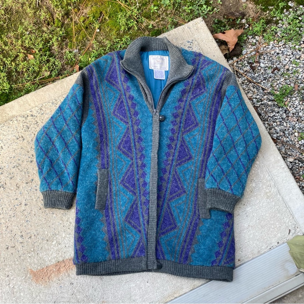 Vintage Mulberry Street Long Cardigan Sweater Jacket Insulated Aztec Womens M